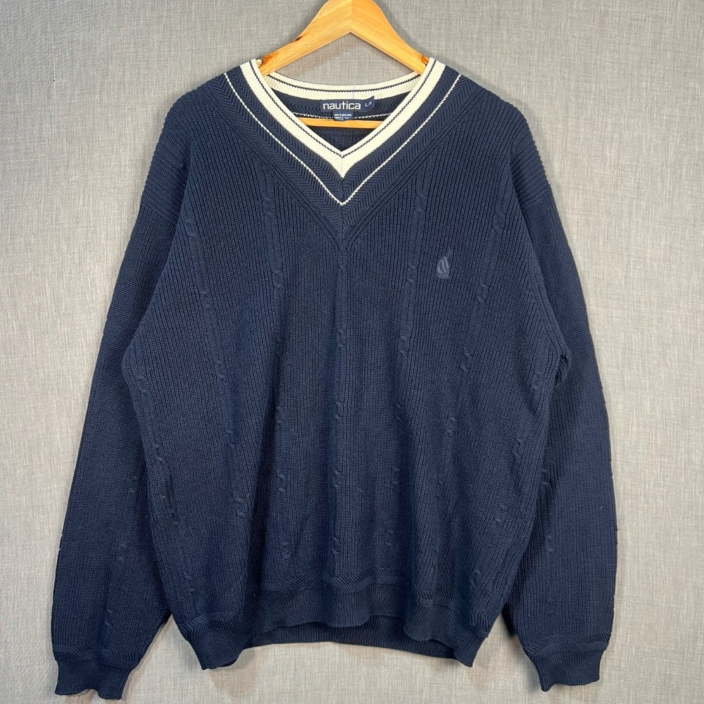 Vintage Nautica Mens Pullover Tennis Sweater L Blue V Neck Preppy 100% cotton